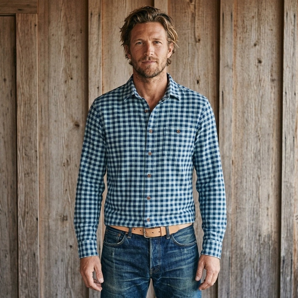 Faherty Mens Shirt Medium Blue Gingham Organic Cotton Flannel Button Up Coastal